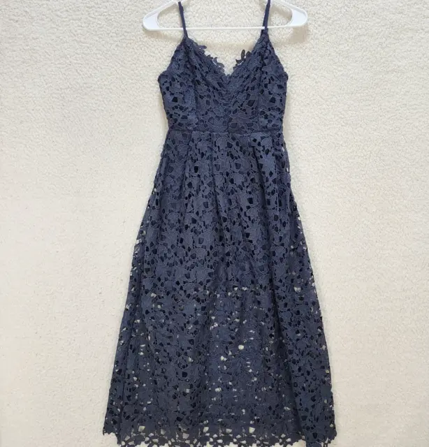 ASTR The Label Lace Illusion Midi Fit & Flare Dress Women's XS Navy Blue Floral*