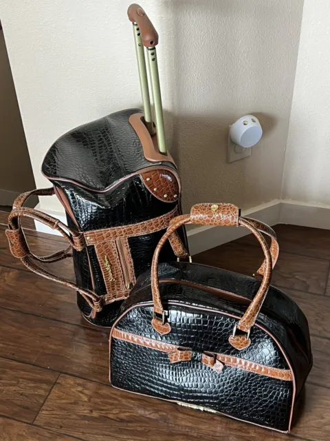 Samantha Brown Croco Black/Brown 2 Pc Luggage Set Suitcase Overnight Tote Bag