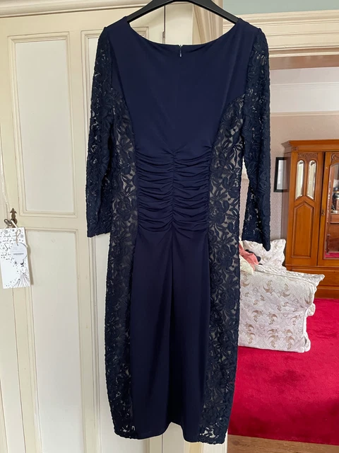 knee length dresses for ladies PHASE EIGHT NAVY BLUE BEADED LACE SPECIAL OCCASION DRESS & BOLERO TOP   Whispers Dress Agency