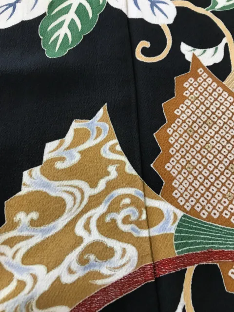 @@ Antique Japanese kimono silk fabric/ tomesode black/ folding fans FX61 6