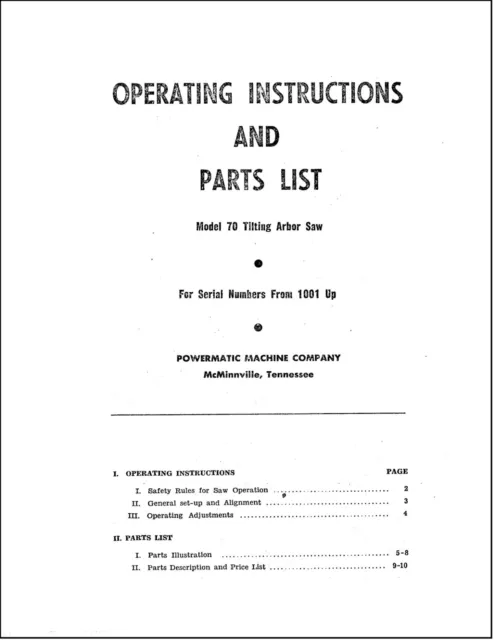 Operating Inst. & Parts List Manual Powermatic Model 70 Tilting Arbor Saw PM54