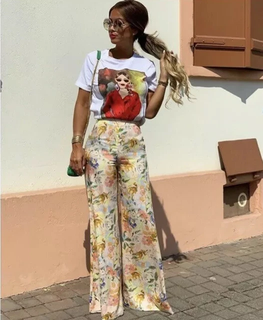 ZARA HIGH WAISTED Pastel Floral Print Palazzo Flowing Leg Trousers