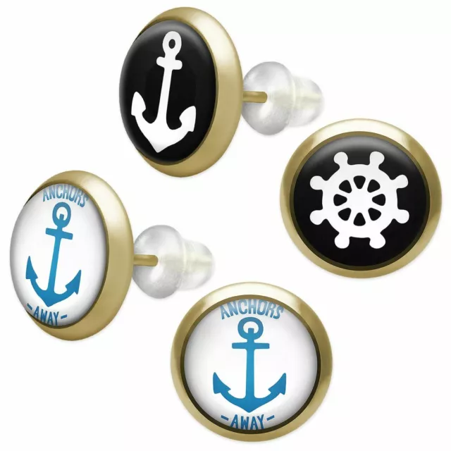 1 Paar kleine runde Ohrstecker Cabochon Maritim Anker Steuerrad Schiff Ruder