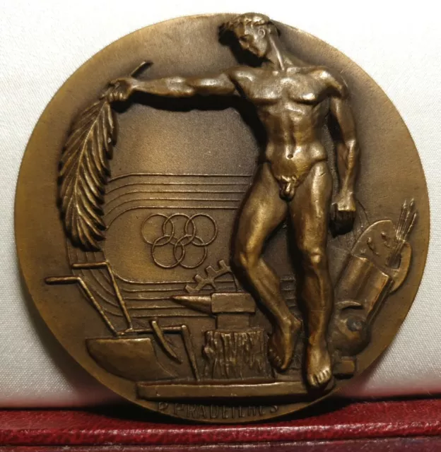 67mm LARGE BRONZE ART MEDAL NUDE MAN YOUTH & SPORTS by Pradeilhes