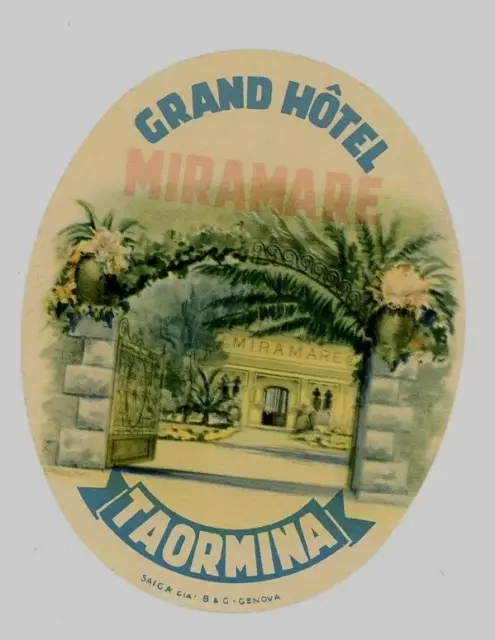 1920-30s Grand Hotel Miramare Luggage Label Taormina  Italy Vintage