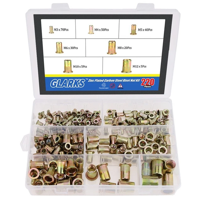 220-Pieces Mixed Zinc Plated Carbon Steel Rivet Nut Kit Threaded Inser...