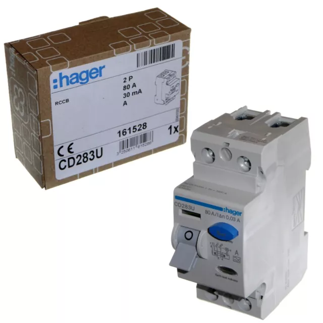 Hager CD283U tipo A RCD 80 amp 30 mA RCCB Trip doppio polo protezione CA e DC