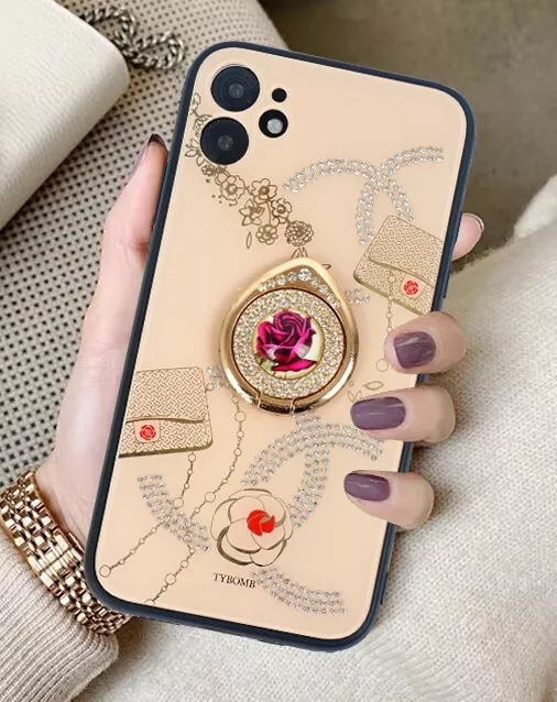 Iphone 7 8 11 12 Pro Se Xs Mobile Phone Case Beige Gold Rose Ring Stand Holder
