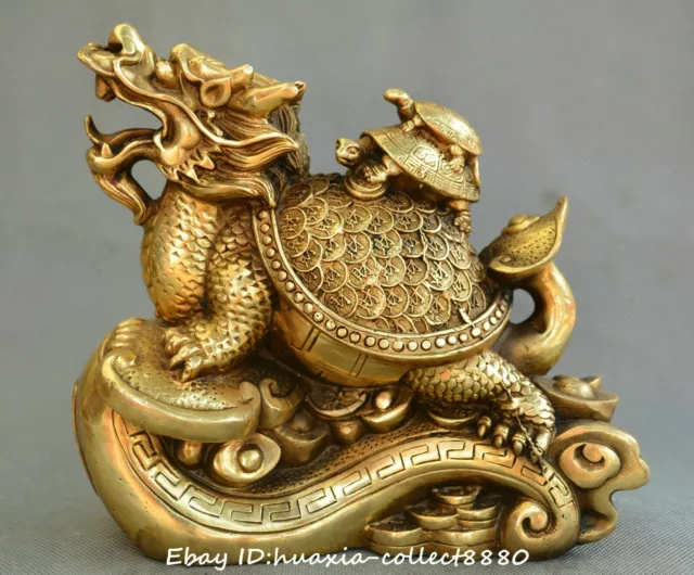 Collect Chinese fengshui old bronze Dragon turtle ruyi yuanbao auspicious statue