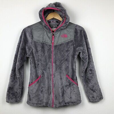 THE NORTH FACE Girls Youth Grey Pockets Zip Up Fleece Hooded Jacket Size L 14 16