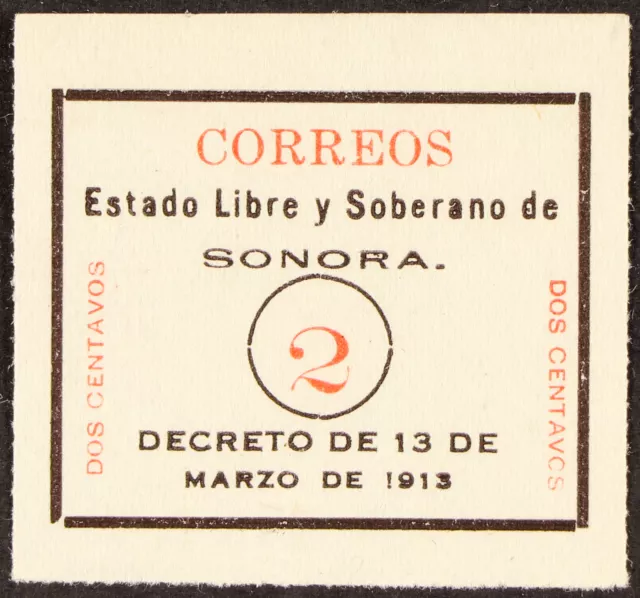 MEXICO SONORA 1913 2c Type c local,Scott 325,SG S2a,NHM no gum as issued