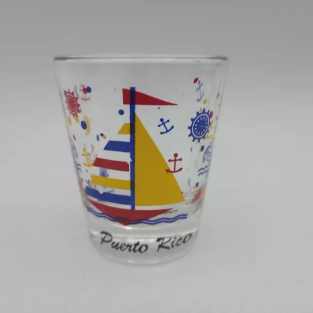 Puerto Rico Shot Glass 1oz Blue Red Yellow Nautical Sailboat Vintage Souvenir