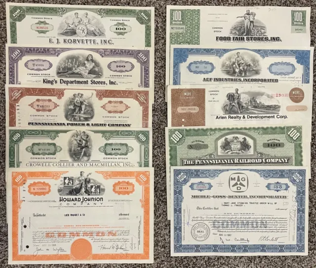 Lot of 10 Different Stock Certificates Howard Johnson Pennsylvania