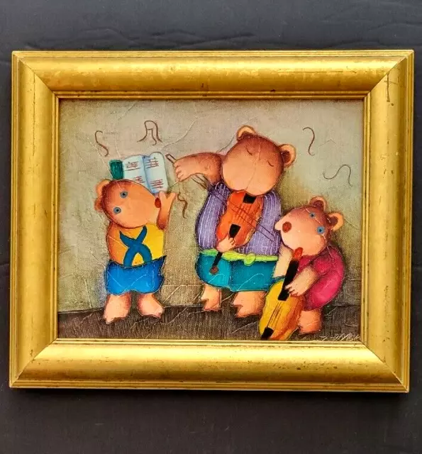 Three Musical Bears Signed Art Wood Frame Cartoon Musicians Artist Signed