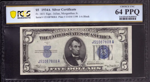 1934 A $5 Silver Certificate Note Currency Fr.1651 Ja Block Pcgs B Cu 64 Ppq