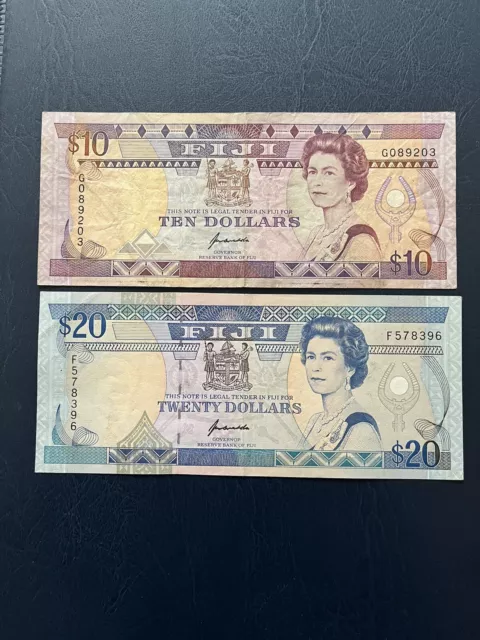 Fijian Dollar 10 & 20 Denomination Bank Notes Featuring Queen Elizabeth The 2nd.