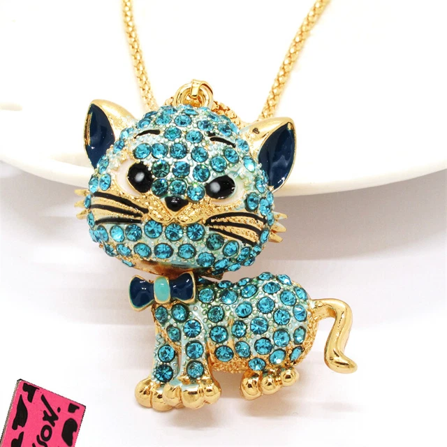 Hot Betsey Johnson Animal Blue Rhinestone Cat Crystal Pendant Chain Necklace