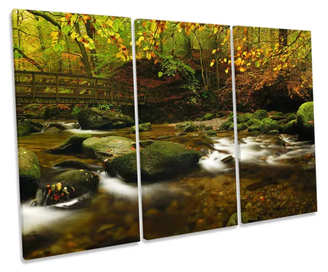Autumn Forest River Bridge TREBLE CANVAS WALL ART Box Framed Picture