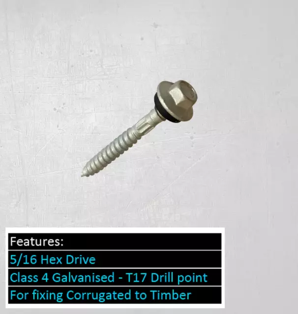 T17 Hex Head Timber Roofing Screw 12-11x50mm Galvanised Corrugated to Timber