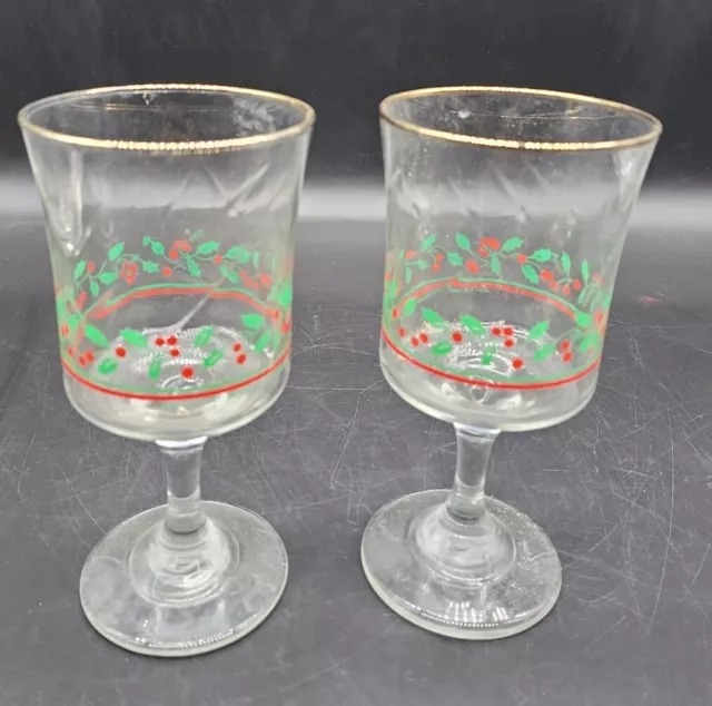 2 Vintage 1987 Arby's Christmas Holly Berry Glasses Wine Goblet