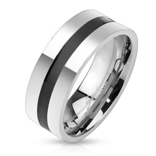 Herren Damen Ring aus Edelstahlt Silber mit black Inlay Band Ring Partnerring