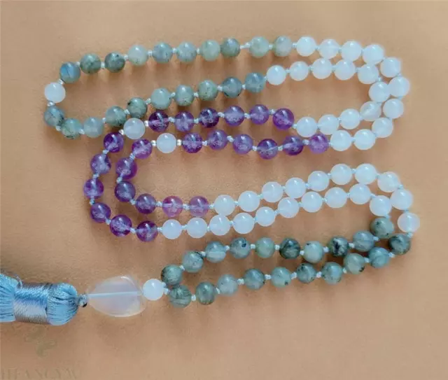 6mm Amethyst Moonstone 108 Beads Tassel Knotted Necklace Wrist Handmade Bless