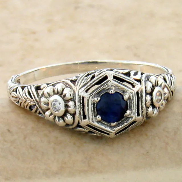 Genuine Sapphire Art Nouveau Style 925 Sterling Silver Classic Design Ring  960X