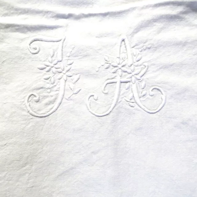 GRAND DRAP ANCIEN EN FIL DE LIN BLANC MONOGRAMME JA 220cm x 350cm