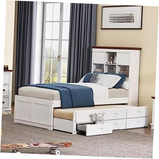 Twin Size Captain Bed with Headboard Storage, Trundle and 3 Drawers, Wooden