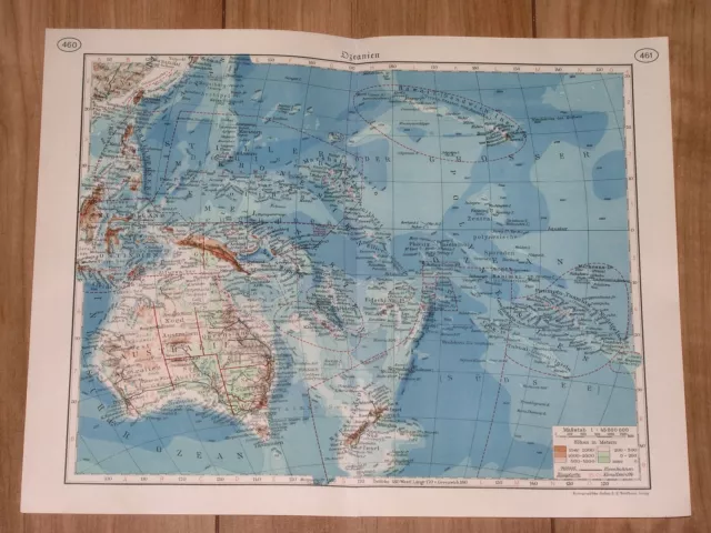 1938 Vintage Map Of Australia New Zealand Oceania Pacific Hawaii Samoa Tahiti