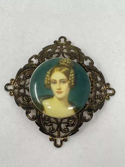 Vintage Victorian Lady Portrait Cameo Ceramic Filigree Metal Brooch Pin Germany