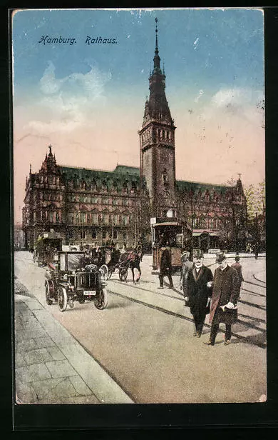 Ansichtskarte Hamburg, Straßenbahn vor dem Rathaus, Kutsche, Oldtimer 1917