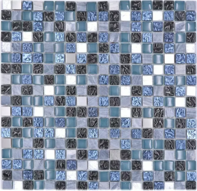 Mosaico de piedra Mosaico de piedra natural Mosaico de vidrio Mosaico de acero inoxidable Azul Gris | 1 alfombrilla