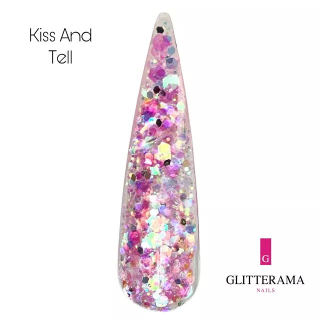 KISS AND TELL Glitter acrylic powder Glitterama Nails pink silver chunky shimmer