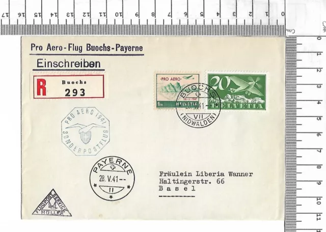 PRO AERO 28.v.41 Helvetia R-Zettel Buochs Payerne Einschreiben Basel ; 61661