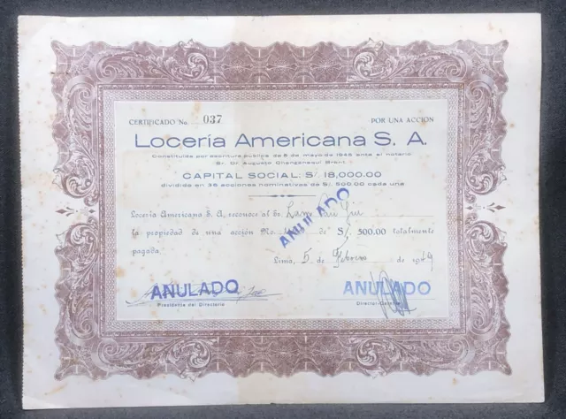 Lima Peru 1949 Loceria Americana S.A. Stock Bond Certificate Cancelled Document