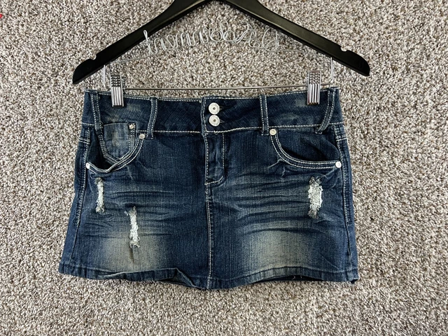 Almost Famous Blue Denim Jean Skirt Distressed Embroidered Stretch Junior's 7
