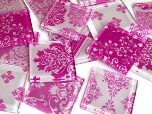 Hot Pink Damask Patterned Glass Tiles 2.5cm - Mosaic Tiles Supplies Art Craft