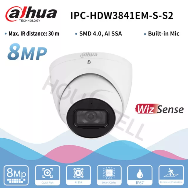 Dahua 8MP SMD4.0 AI Built-in Mic IP Camera POE IP67 H.265+ IPC-HDW3841EM-S-S2