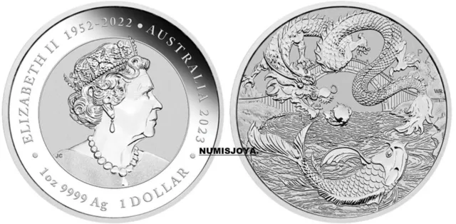 AUSTRALIE année 2023. 1 dollar- Once d'argent DRAGON ET KOI. 31,10 gr. Loi...