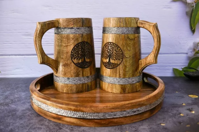 Handmade Beer Mug Wooden Viking Beer Wooden Tankard- Hand engraved- Tree of Life