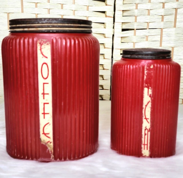 Antique Owens Illinois Set of 2 Red Ribbed Ovoid Glass Hoosier Jars