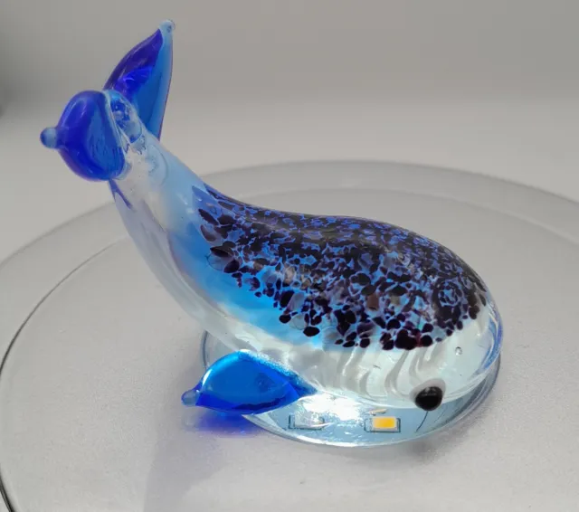 Murano Style Hand Blown Glass Paperweight Figurine Whale Blue White Speckled
