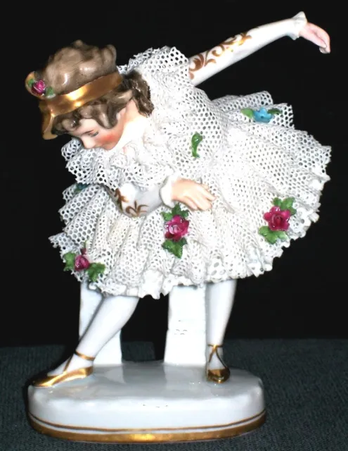 ANTIQUE ART DECO Rare Dresden Lace Girl Doll Ballerina Dancer Porcelain ...