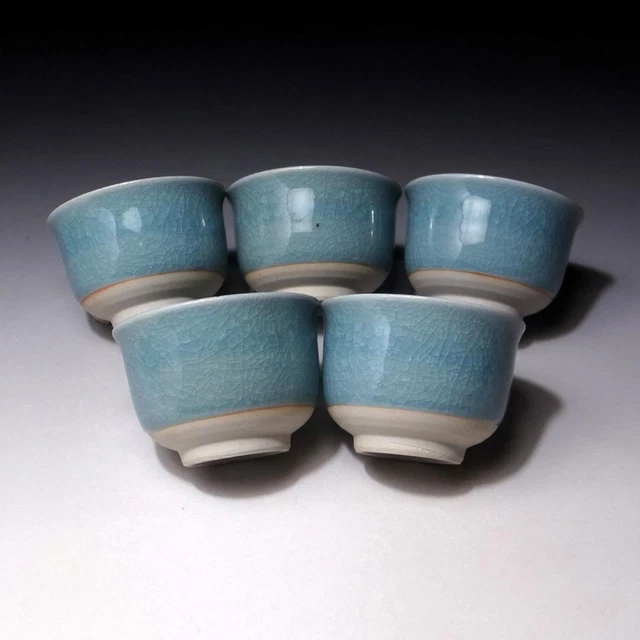 $GM89 Japanese 5 Celadon Sencha tea cups, Natural glaze cracks, WABI SABI