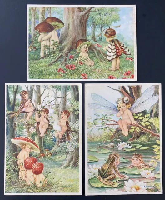 Vintage Fairy Postcards (3) A/S Bertiglia ~ Cute Mushroom, Bird, Bug Fairies