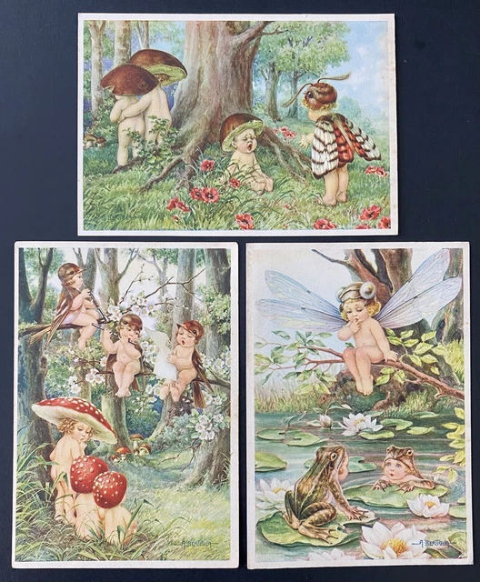 Vintage Fairy Postcards (3) A/S Bertiglia ~ Cute Mushroom, Bird, Bug Fairies Vintage Fairy Postcards (3) A/S Bertiglia ~ Cute Mushroom, Bird, Bug Fairies