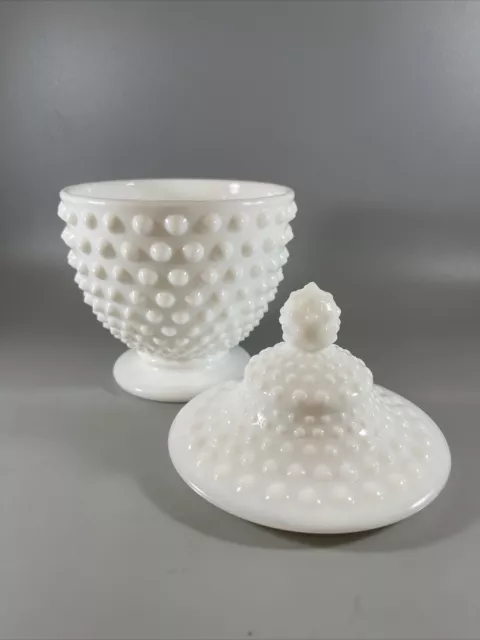 Vintage Fenton White Glass Candy Jar & Lid Hobnail Milk Glass - 7" tall