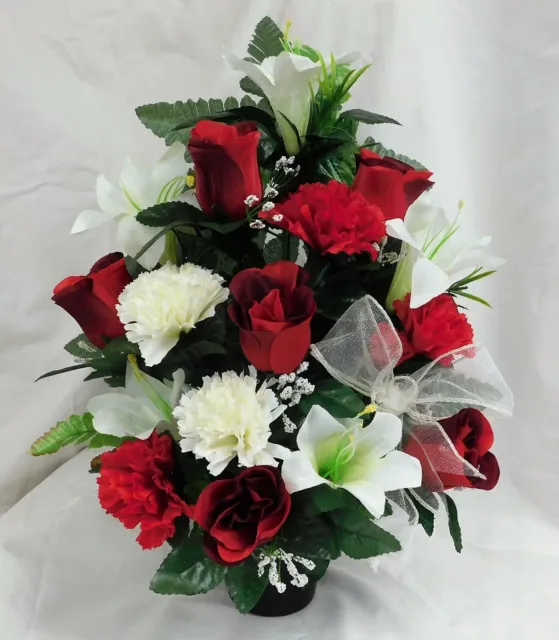 Artificial Silk Flowers 2 x Tall Grave/Crem Pot Red Rose White Lily Memorial Dad