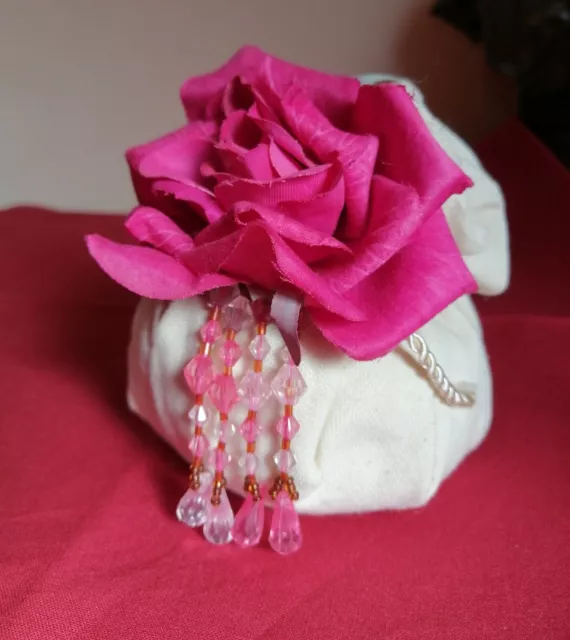 Diffuseur parfum sac/bourse aumônière écru fleur tissus ROSE pampilles perles